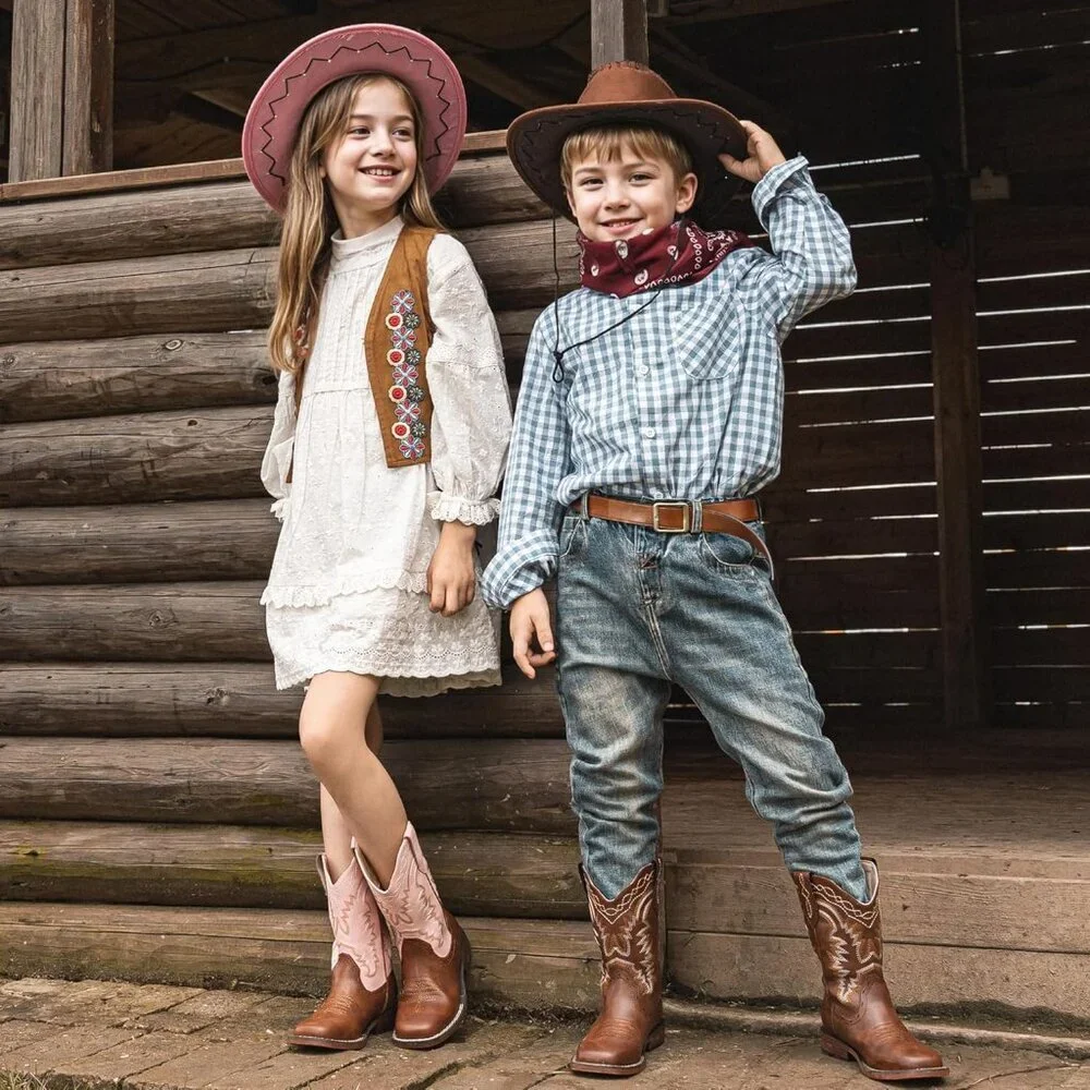 ⚡Kid Pink/Brown Synthetic Cowboy Western Riding Shoes Square Toe Wide Calf Boot